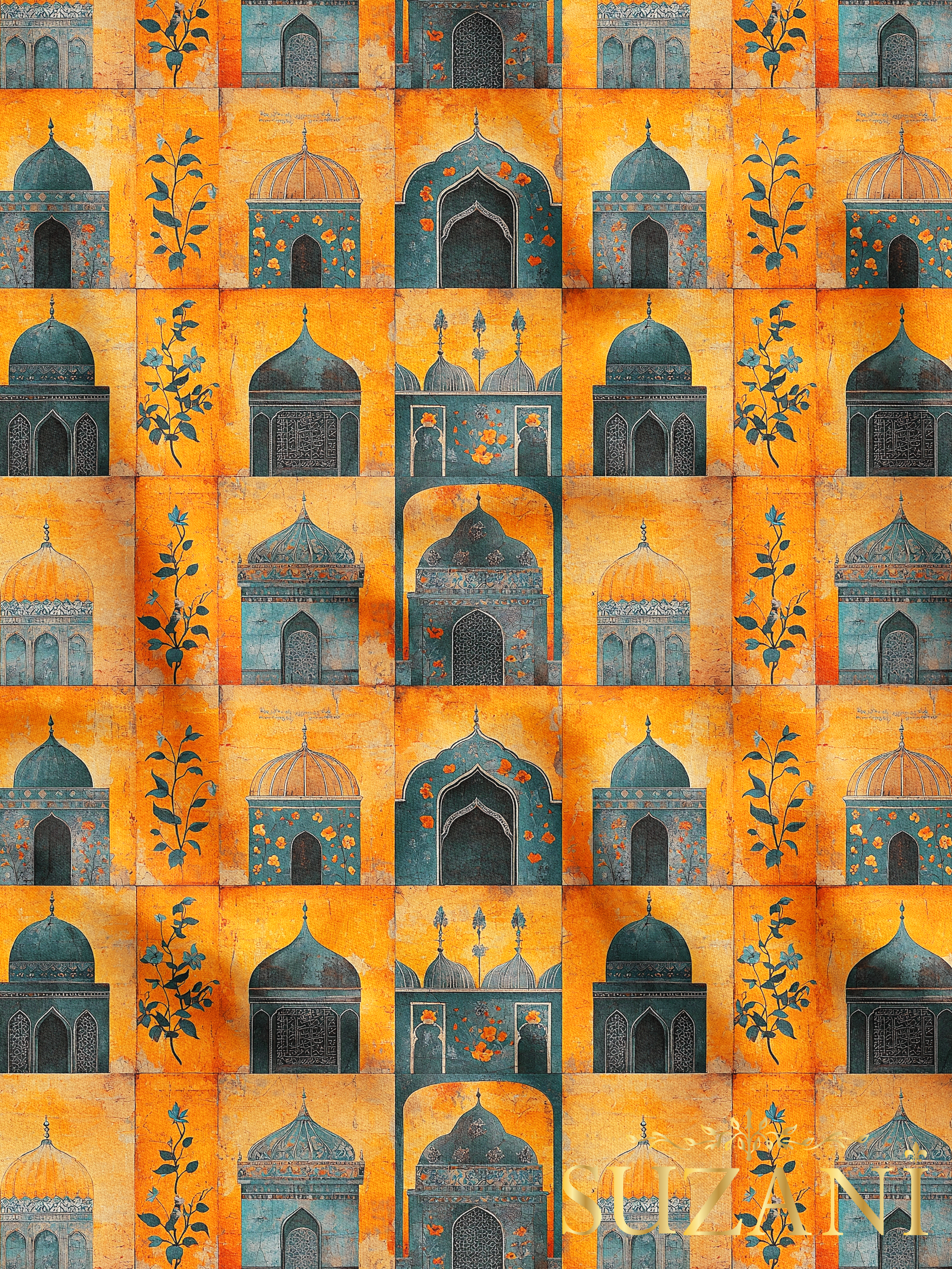 Ramazan Temalı Çiçek Şerit Patchwork Desenli Dijital Baskılı Kumaş