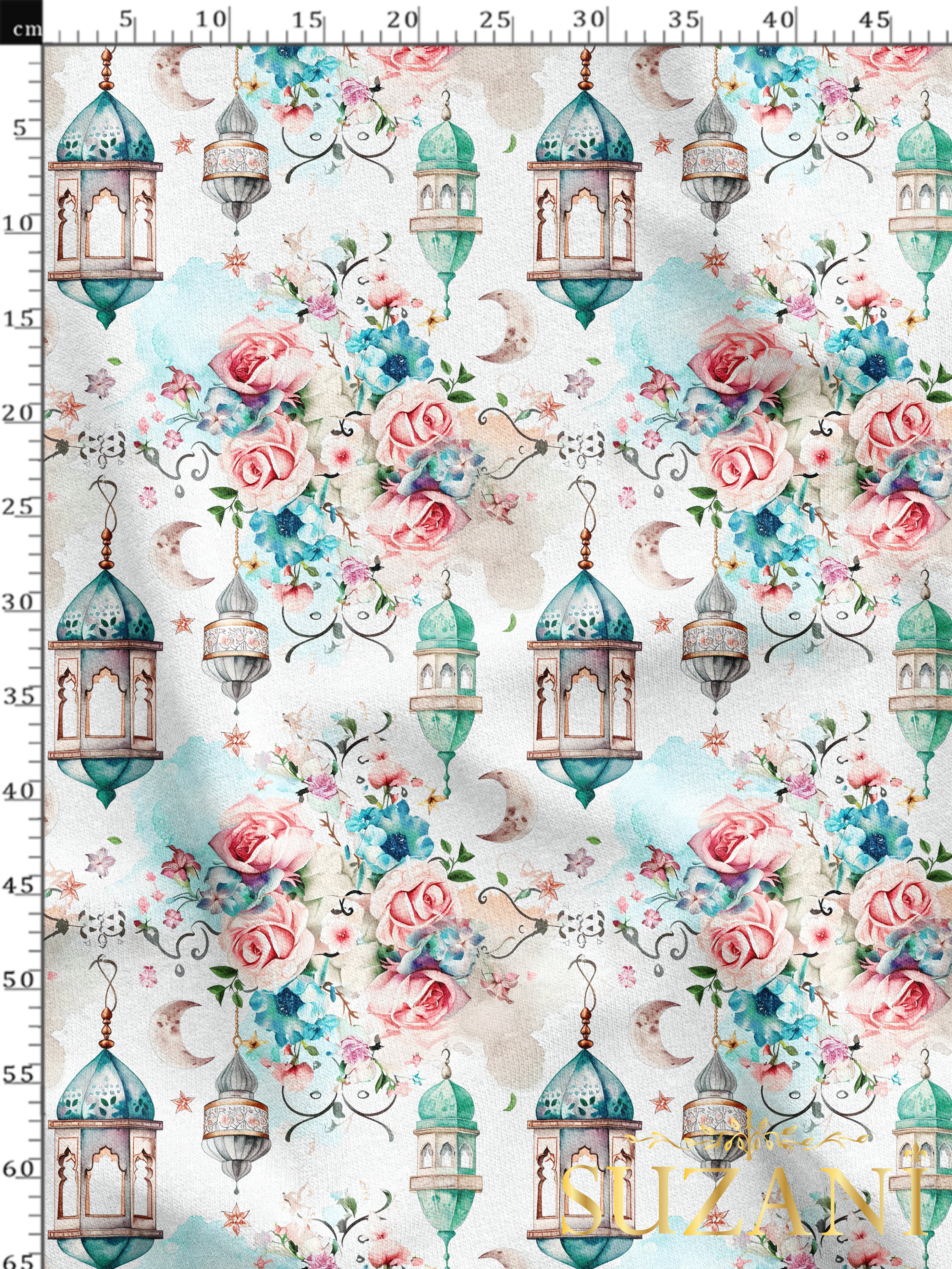 Ramazan Temalı Çiçekli Lambalar Desenli Dijital Baskılı Kumaş