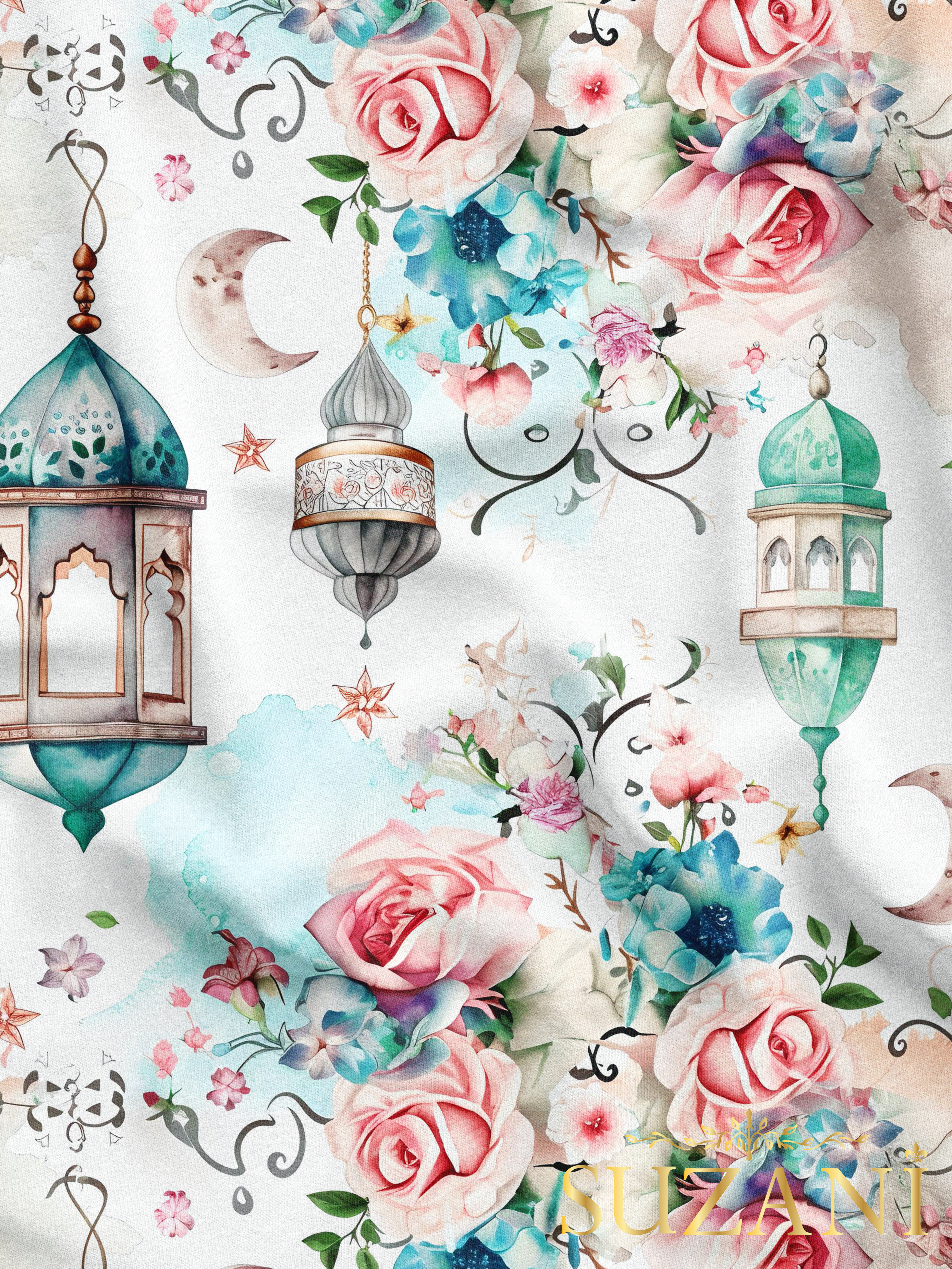 Ramazan Temalı Çiçekli Lambalar Desenli Dijital Baskılı Kumaş