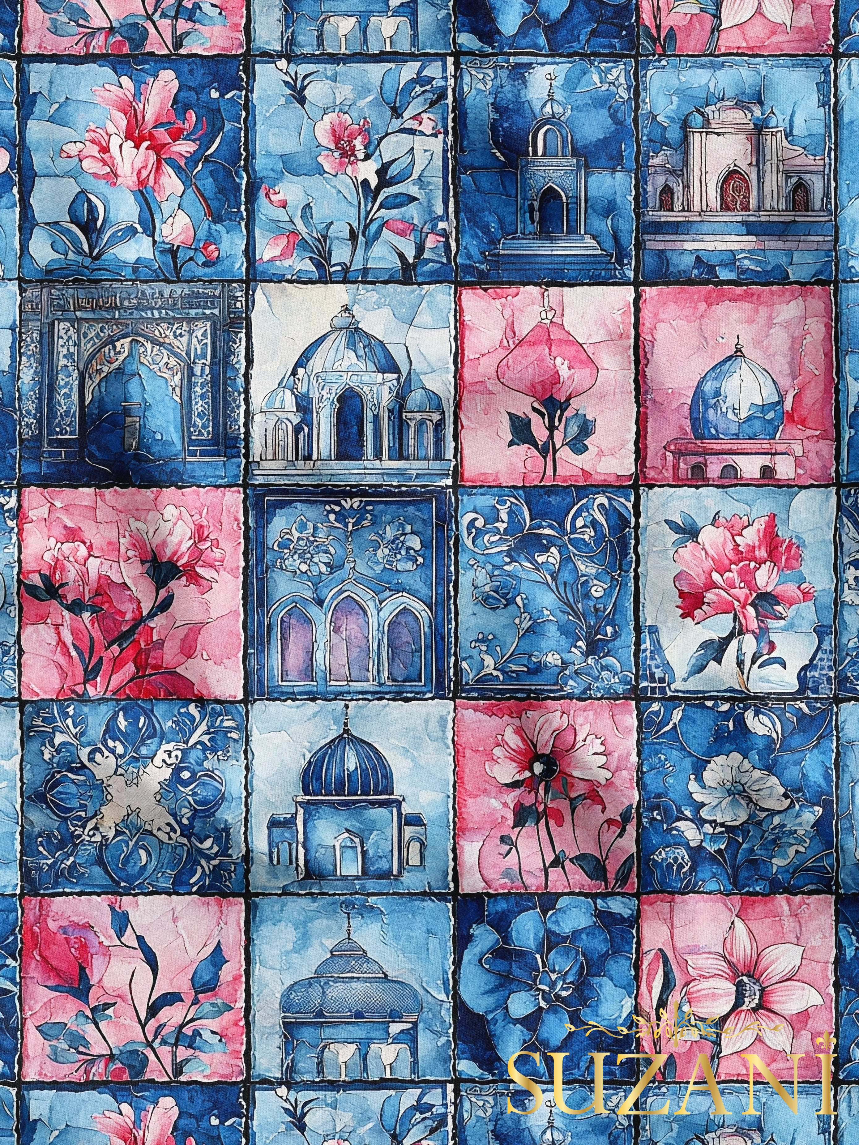 Ramazan Temalı Pembe Çiçekli Patchwork Desenli Dijital Baskılı Kumaş