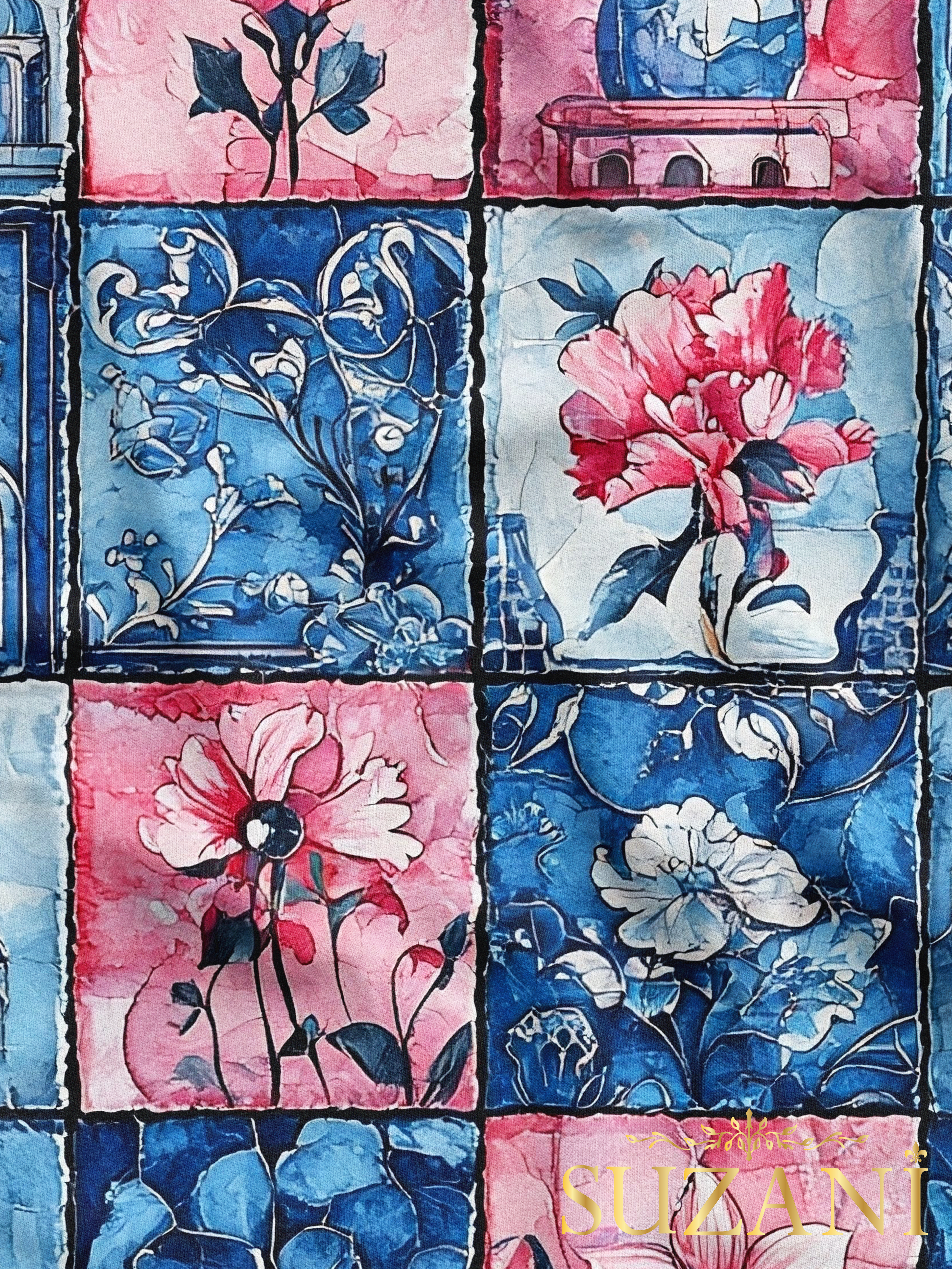 Ramazan Temalı Pembe Çiçekli Patchwork Desenli Dijital Baskılı Kumaş