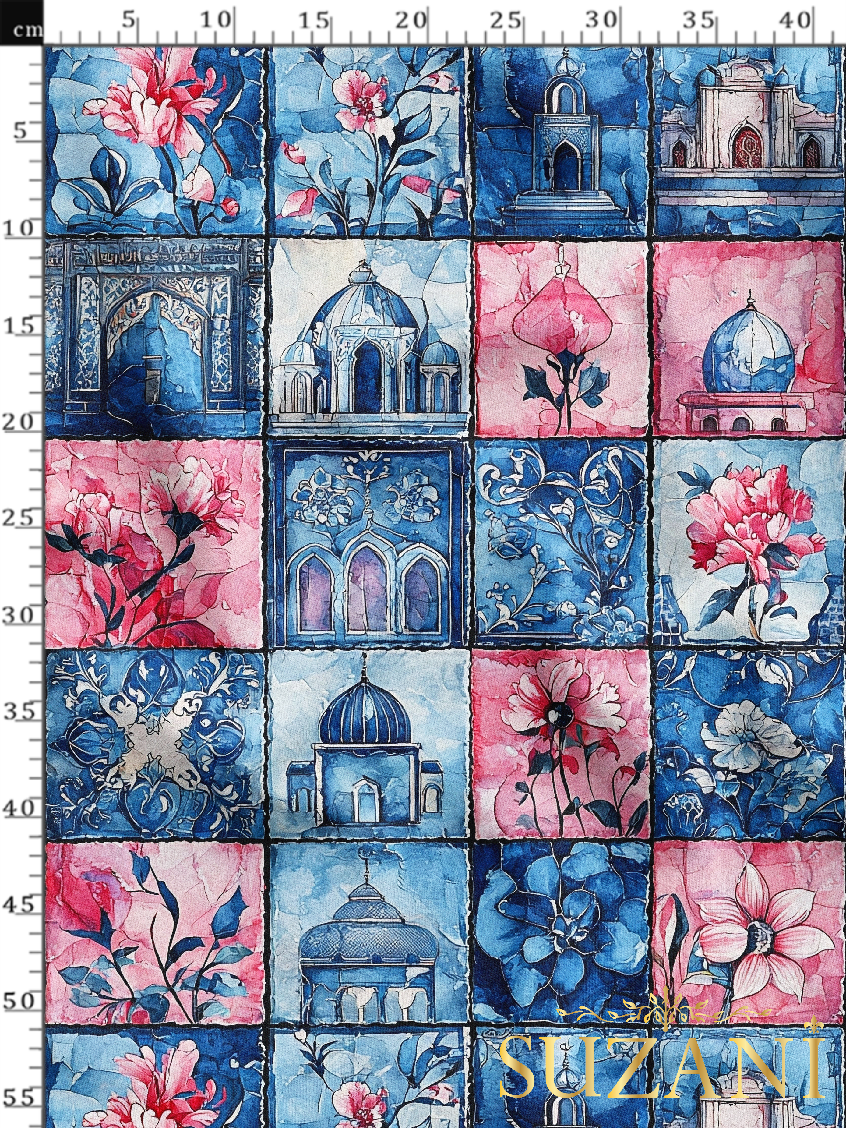 Ramazan Temalı Pembe Çiçekli Patchwork Desenli Dijital Baskılı Kumaş