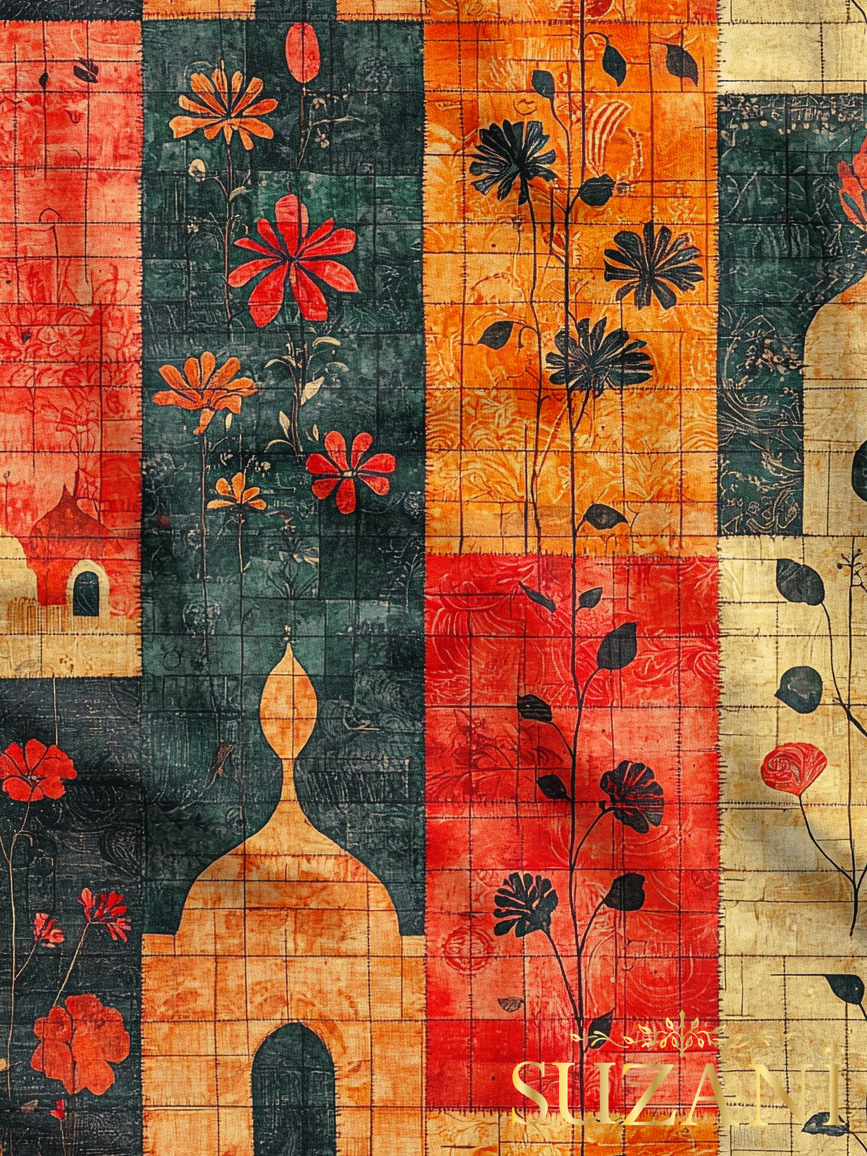 Ramazan Temalı Renkli Çiçekli Patchwork Desenli Dijital Baskılı Kumaş