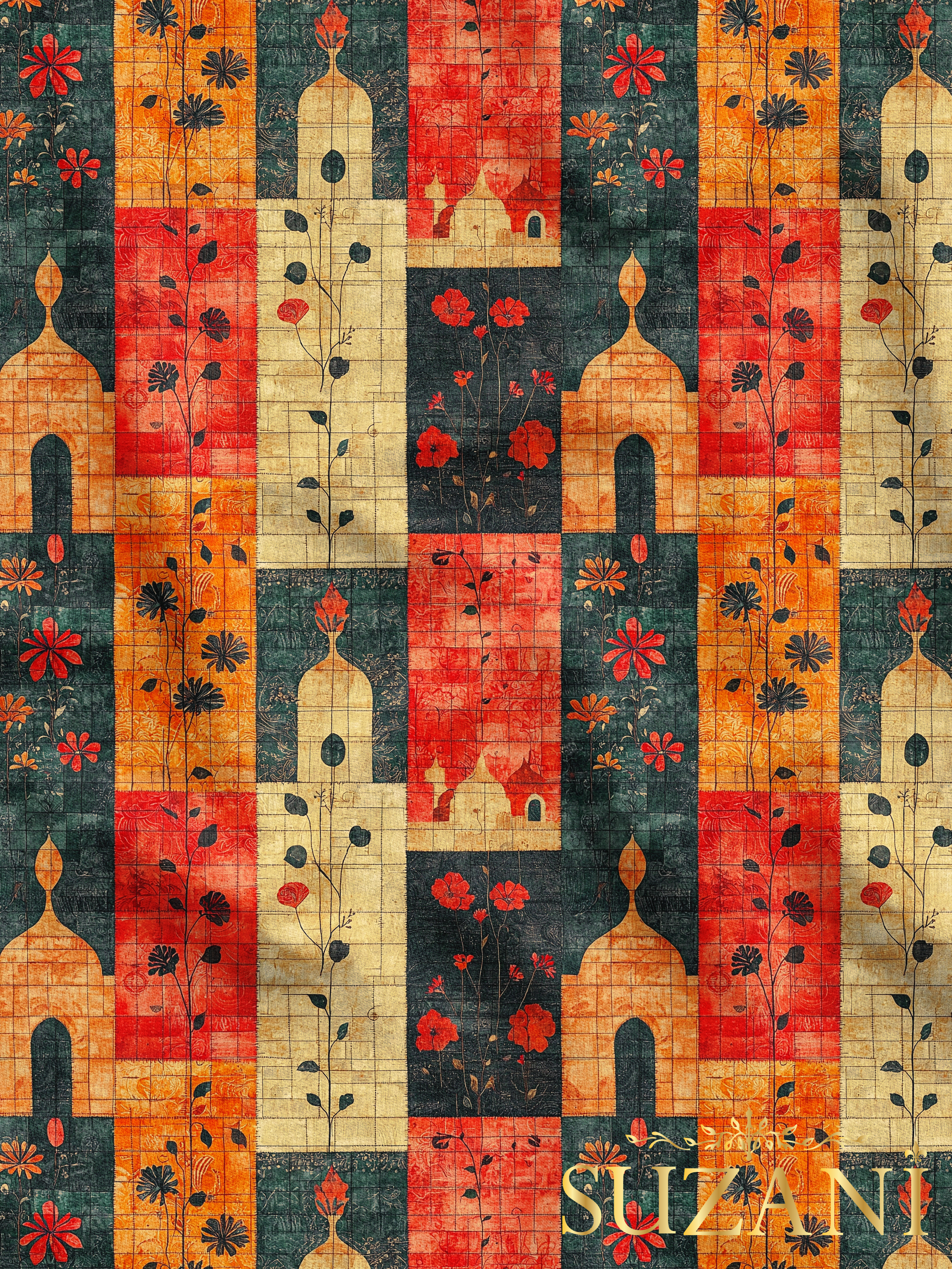 Ramazan Temalı Renkli Çiçekli Patchwork Desenli Dijital Baskılı Kumaş