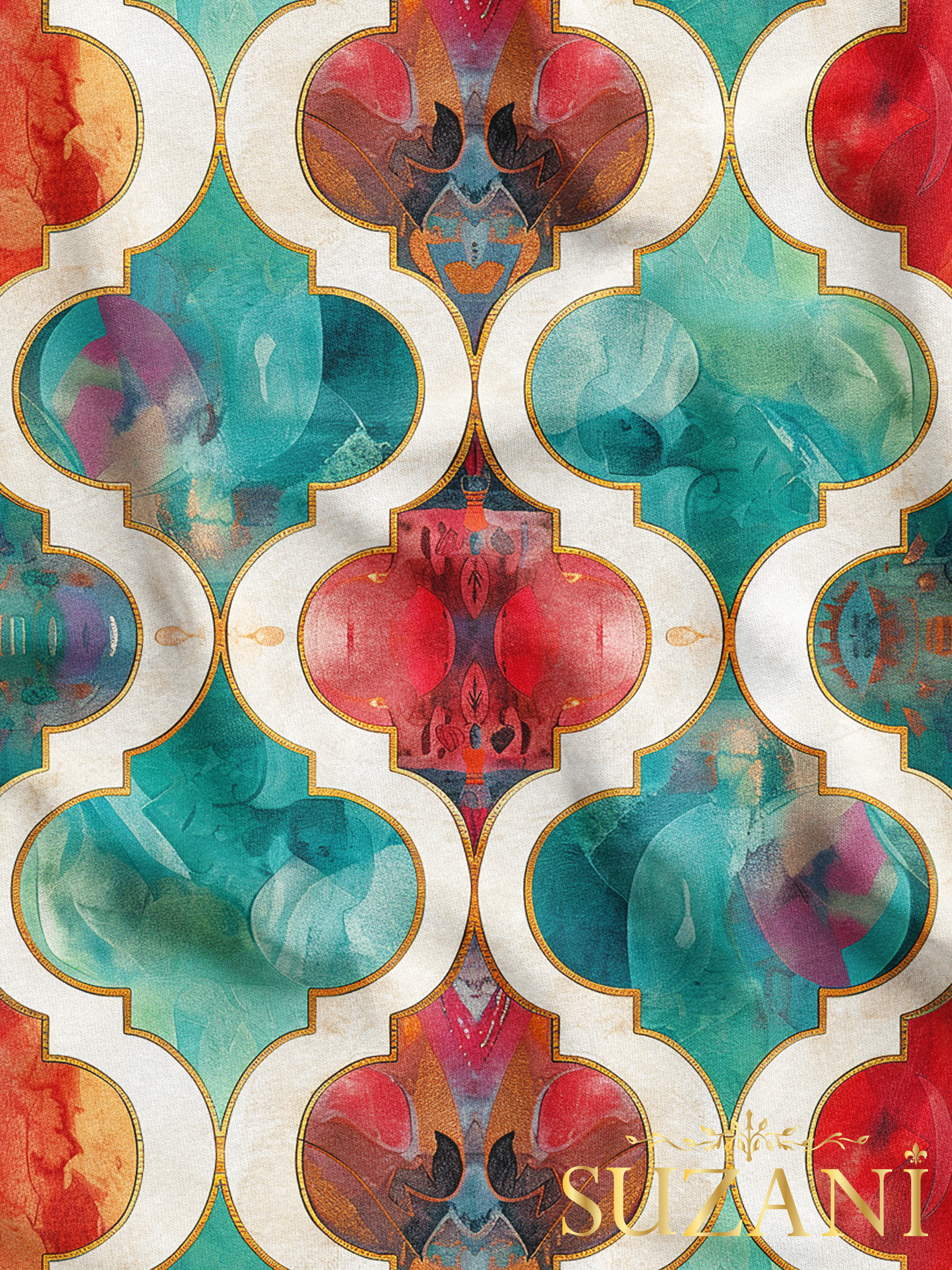 Ramazan Temalı Renkli Geometrik Desenli Dijital Baskılı Kumaş