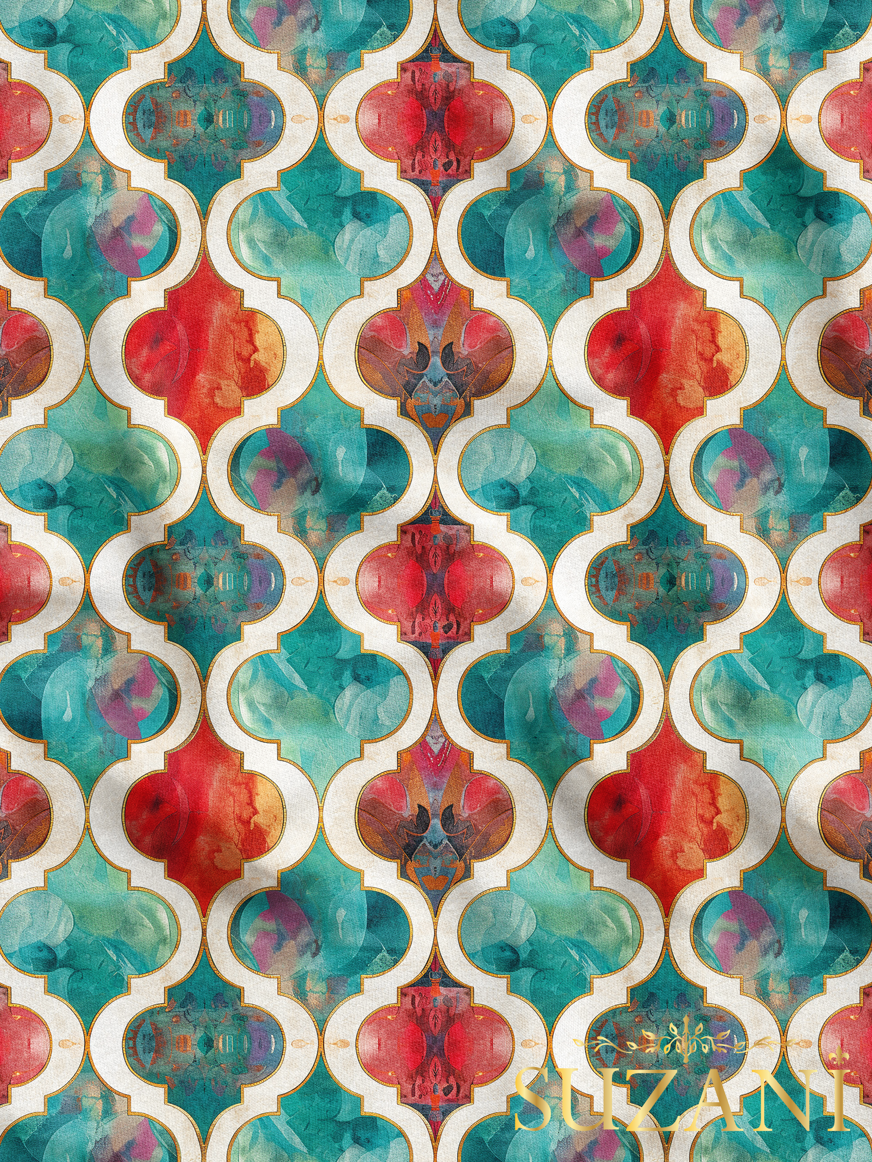 Ramazan Temalı Renkli Geometrik Desenli Dijital Baskılı Kumaş