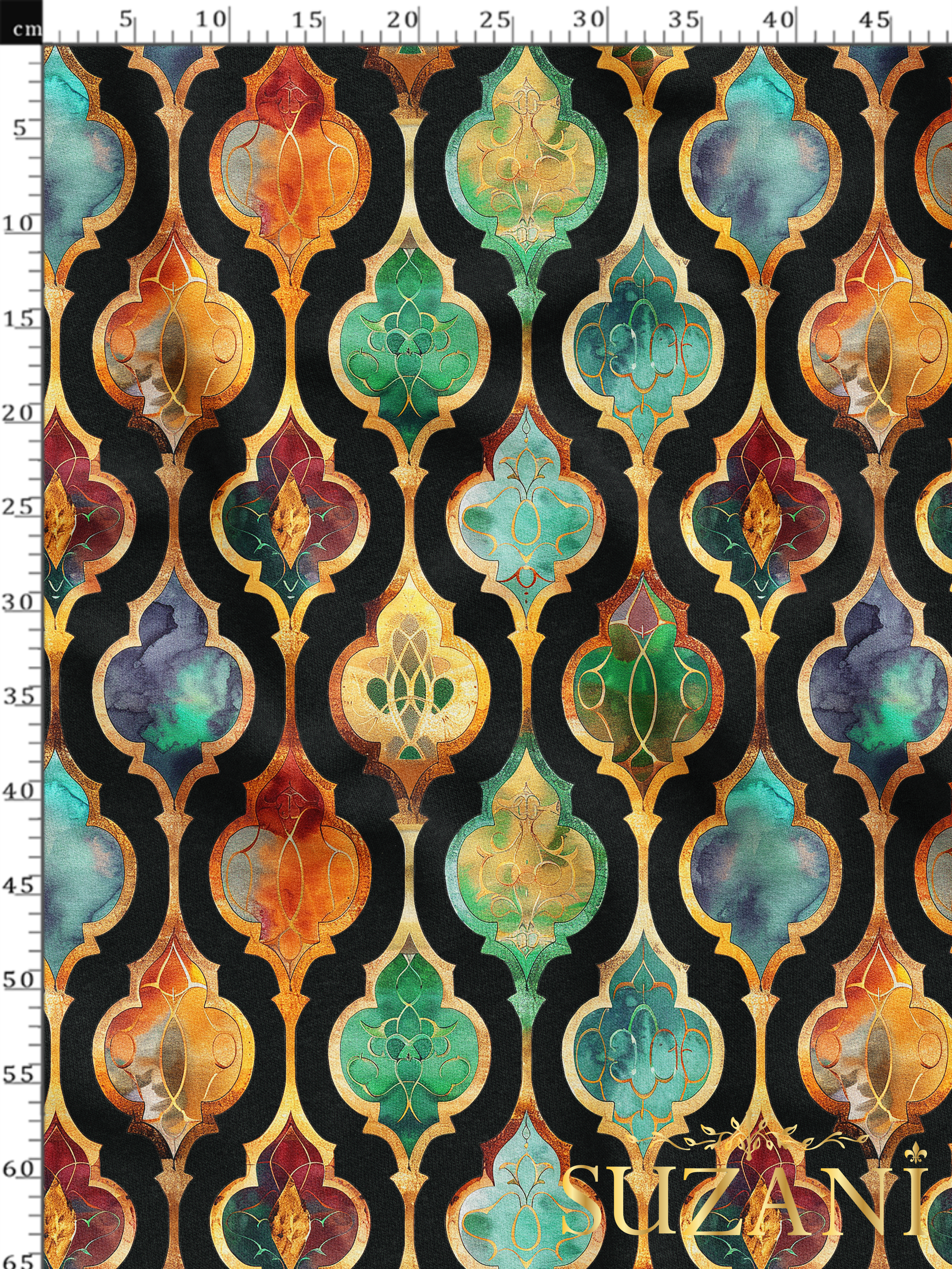 Ramazan Temalı Siyah Zemin Damla Desenli Dijital Baskılı Kumaş