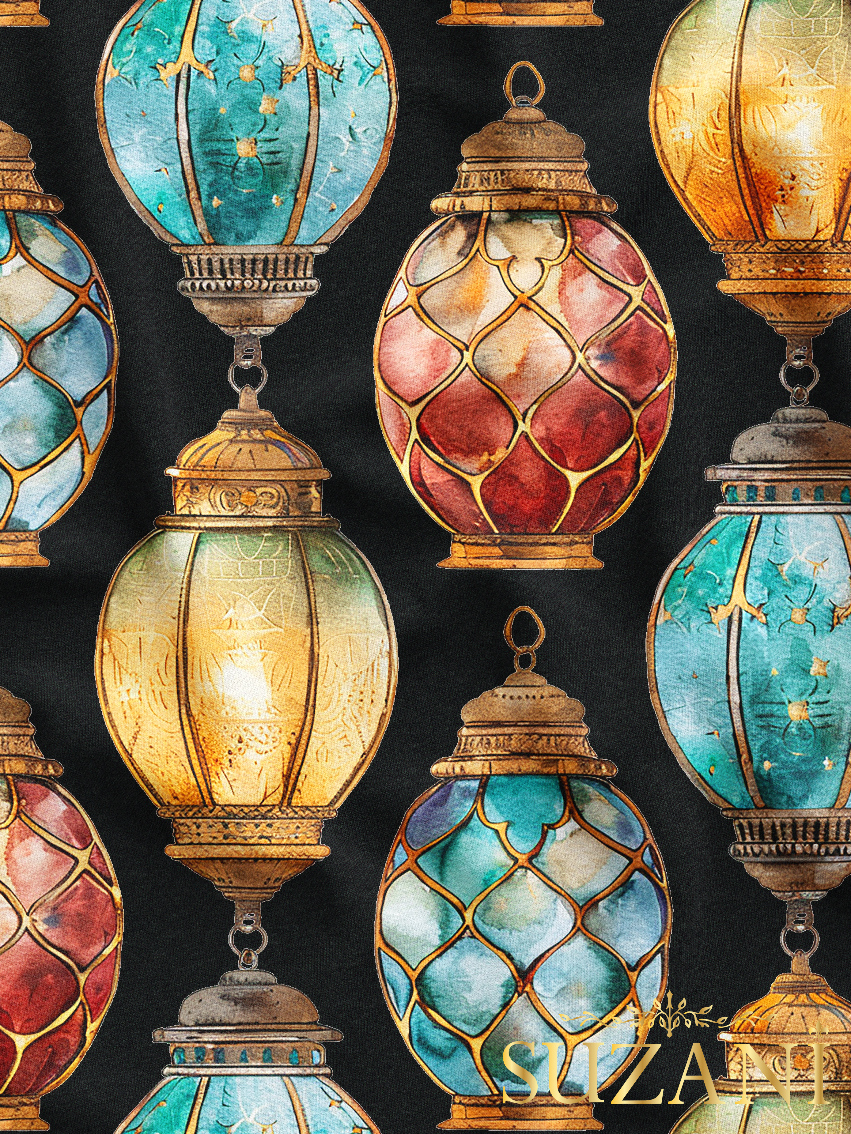 Ramazan Temalı Siyah Zemin Lamba Desenli Dijital Baskılı Kumaş