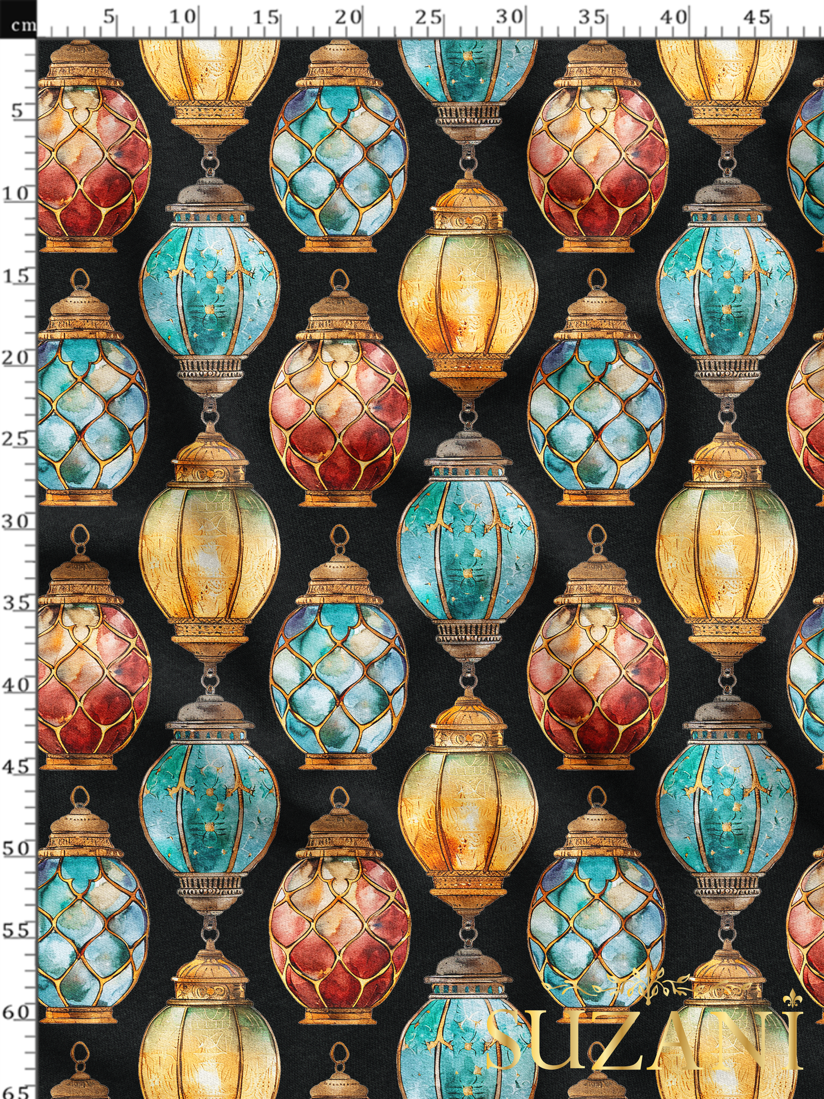 Ramazan Temalı Siyah Zemin Lamba Desenli Dijital Baskılı Kumaş