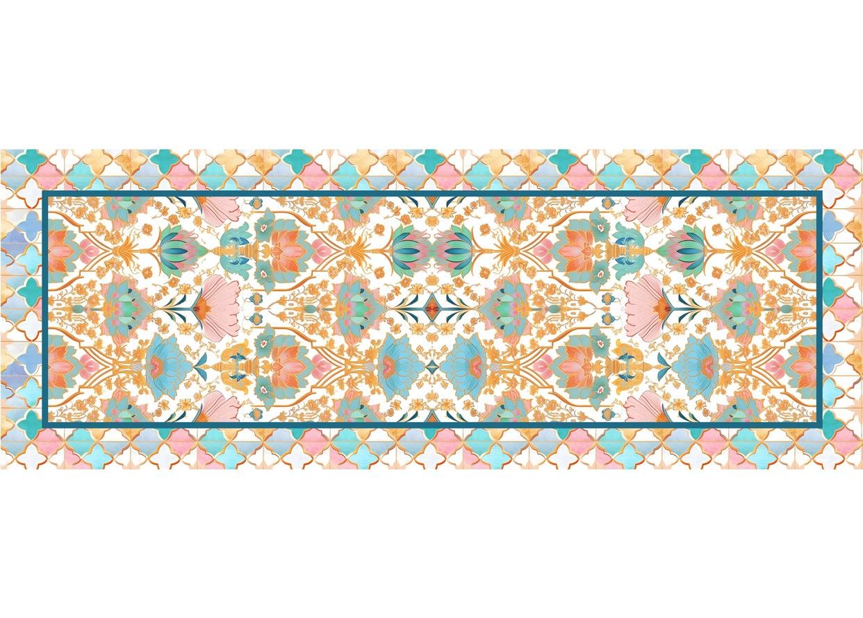 Renkli Çiçek Motif Desenli Dikişsiz Runner Kumaşı