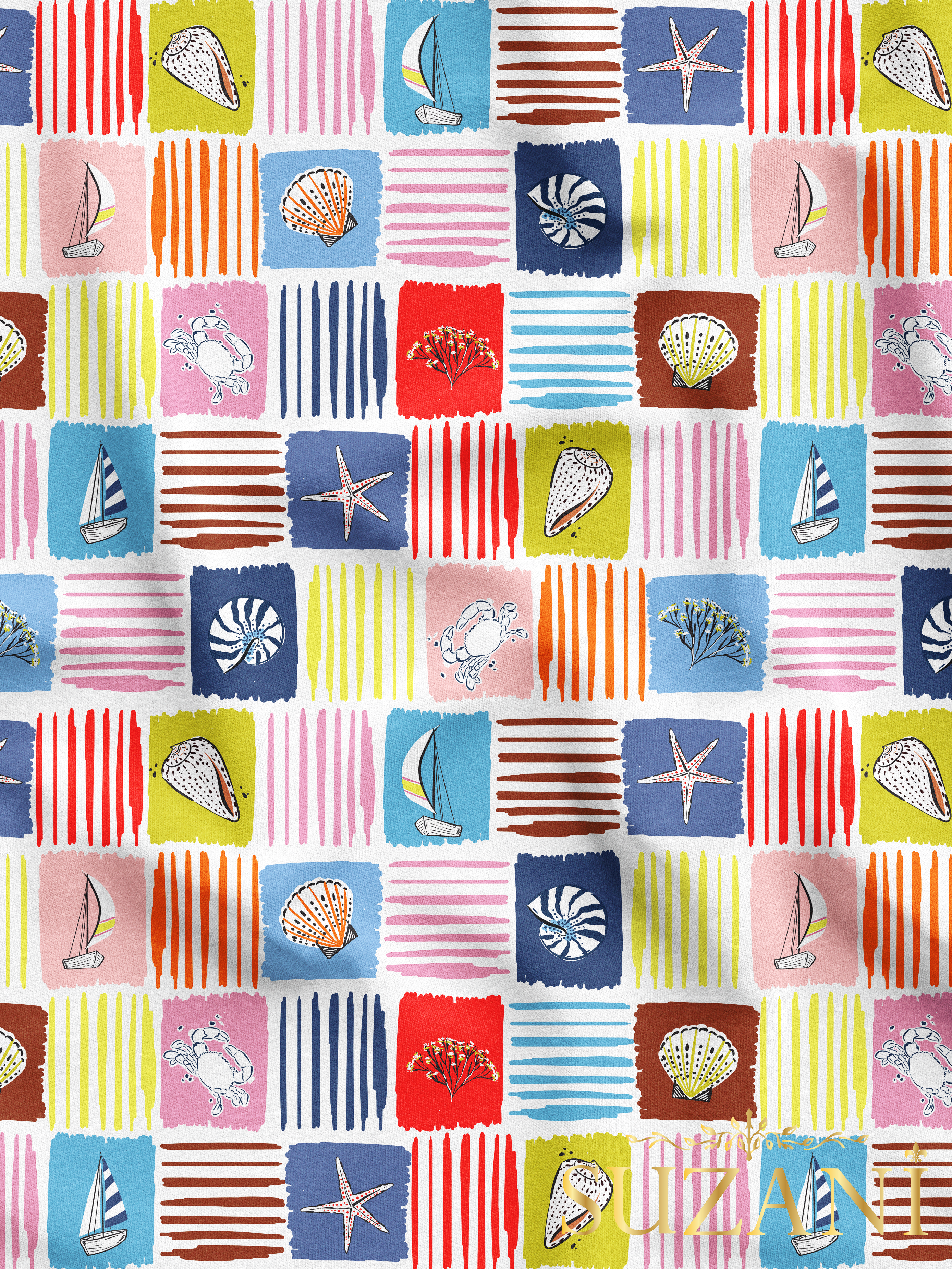 Renkli Deniz Kabuğu Desenli Dijital Baskılı Kumaş