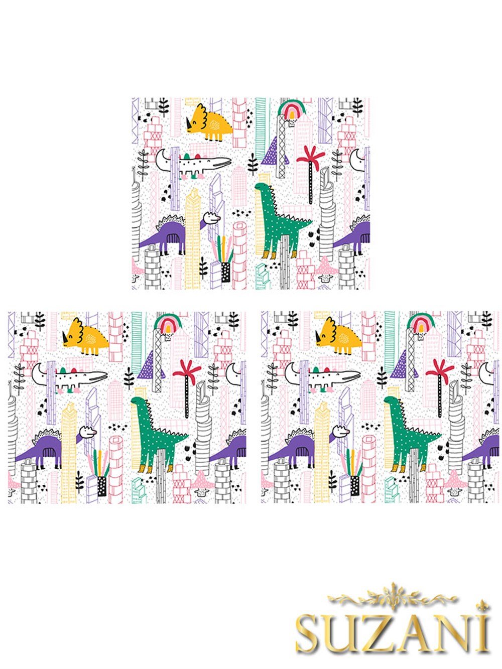 Renkli Dinozorlar Desenli 3'lü Beslenme Örtüsü, Amerikan Servisi Kumaşı