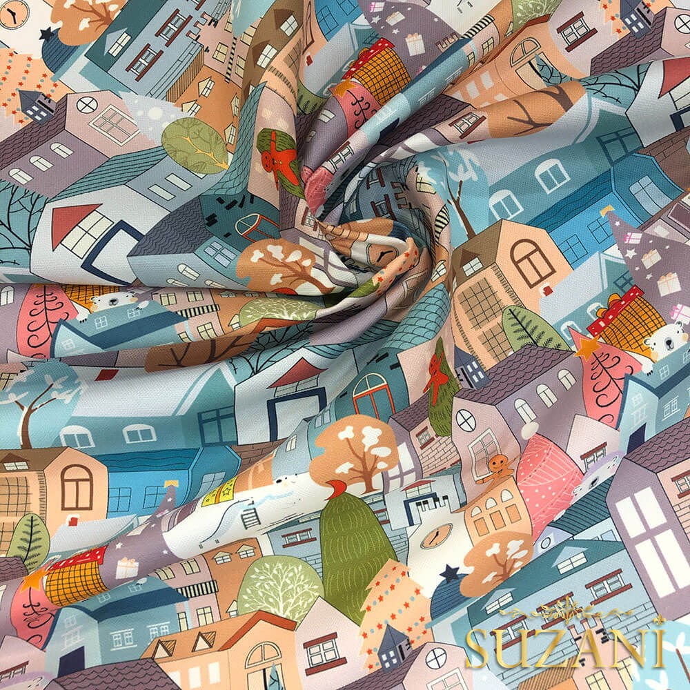 Renkli Kış Evleri Desenli Dijital Baskılı Kumaş