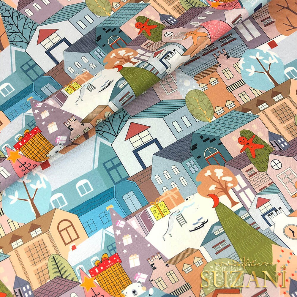 Renkli Kış Evleri Desenli Dijital Baskılı Kumaş