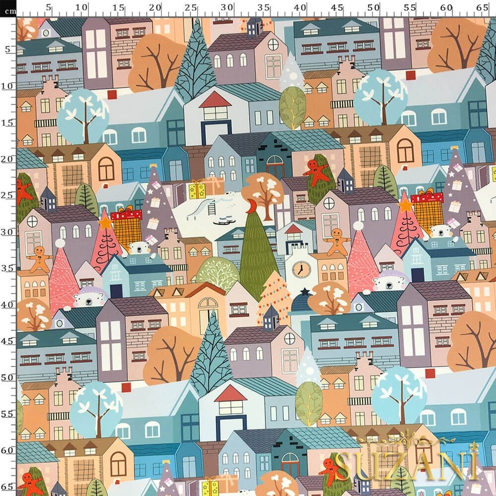 Renkli Kış Evleri Desenli Dijital Baskılı Kumaş
