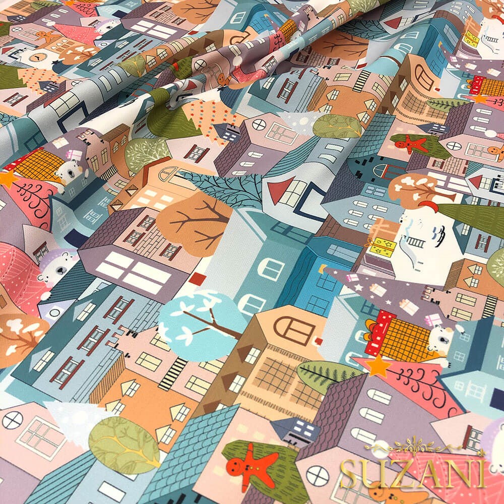 Renkli Kış Evleri Desenli Dijital Baskılı Kumaş