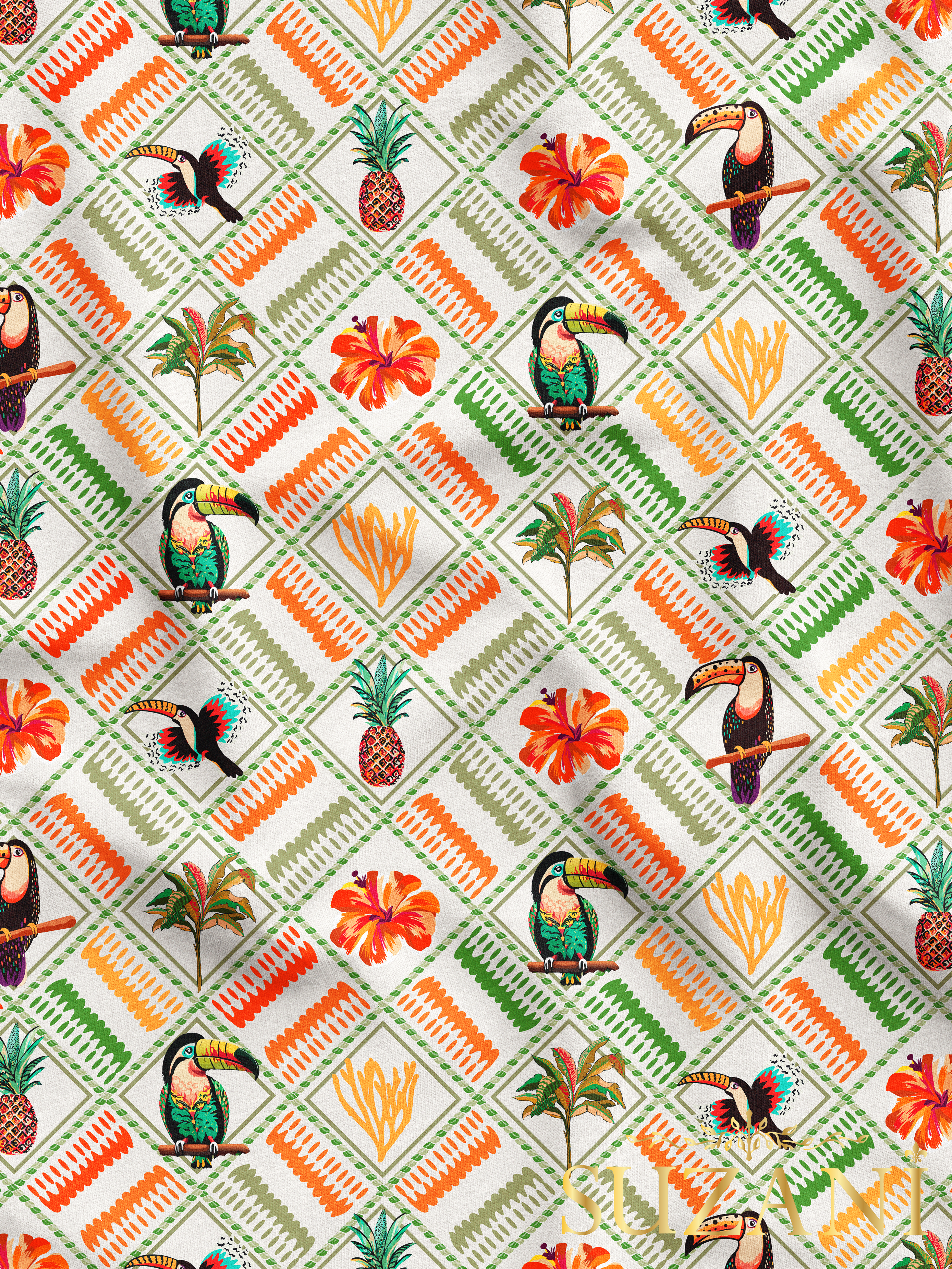 Renkli Tropik Desenli Dijital Baskılı Kumaş