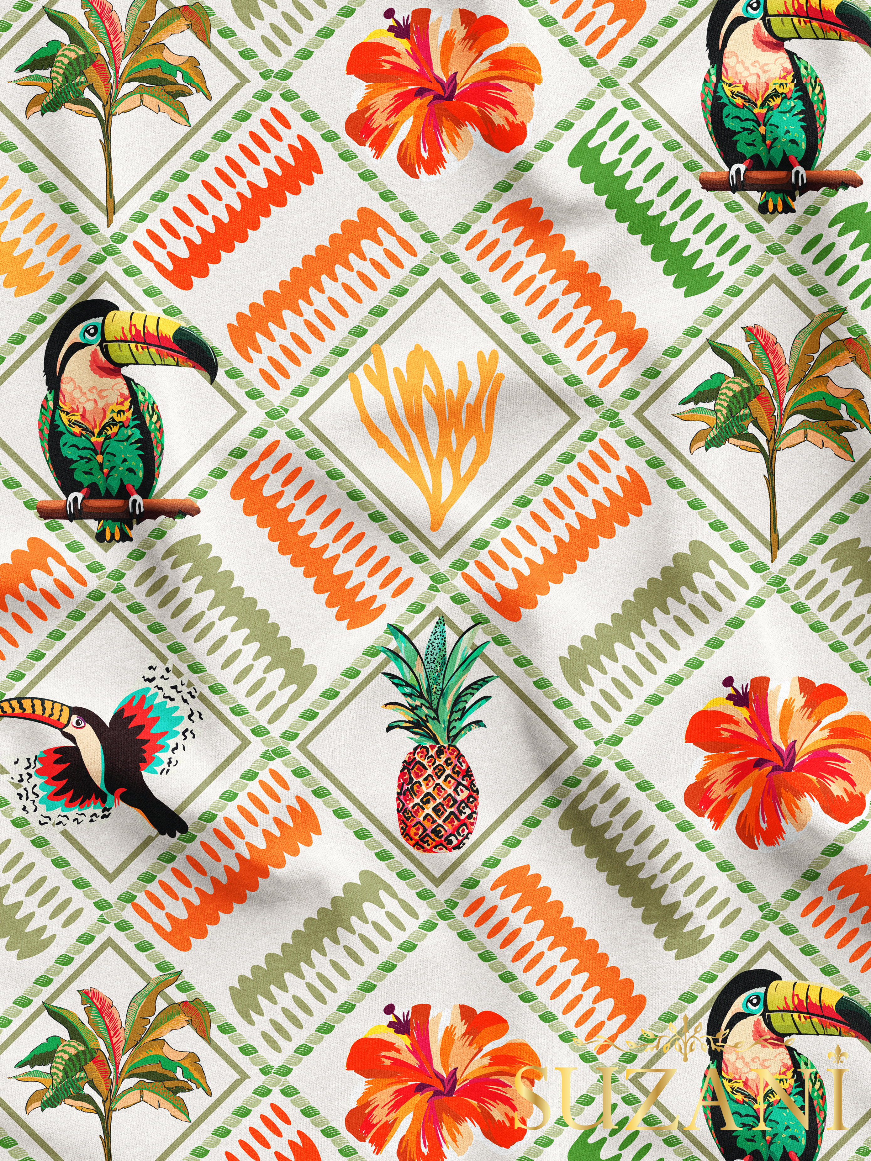 Renkli Tropik Desenli Dijital Baskılı Kumaş