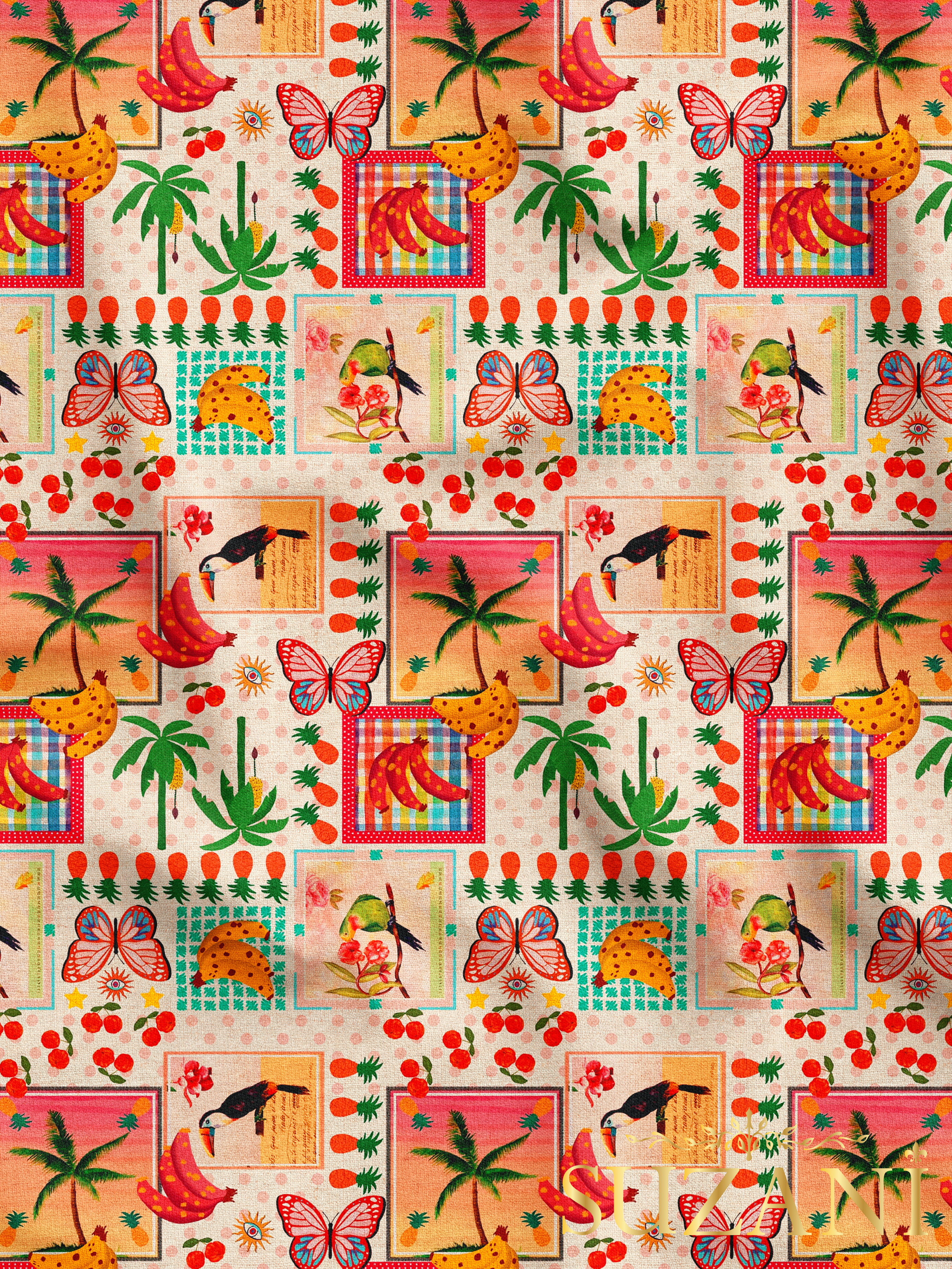 Renkli Tropikal Desenli Dijital Baskılı Kumaş