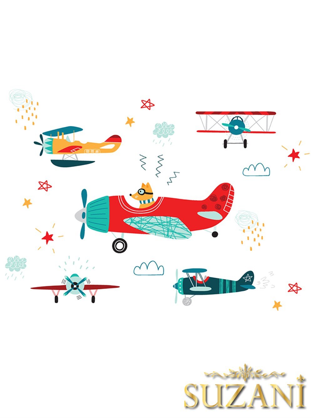 Renkli Uçaklar Desenli 3'lü Beslenme Örtüsü, Amerikan Servisi Kumaşı