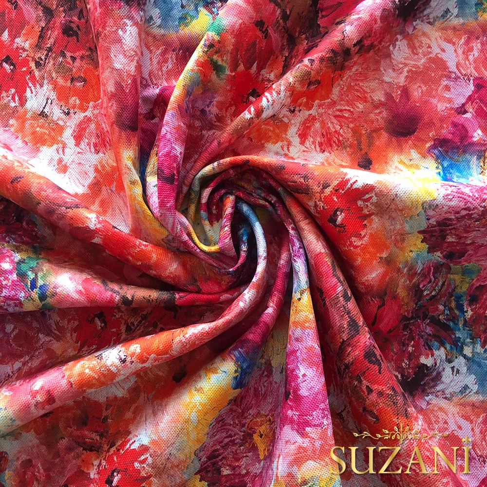 Renkli Yağlıboya Çiçek Desenli Dijital Baskılı Kumaş