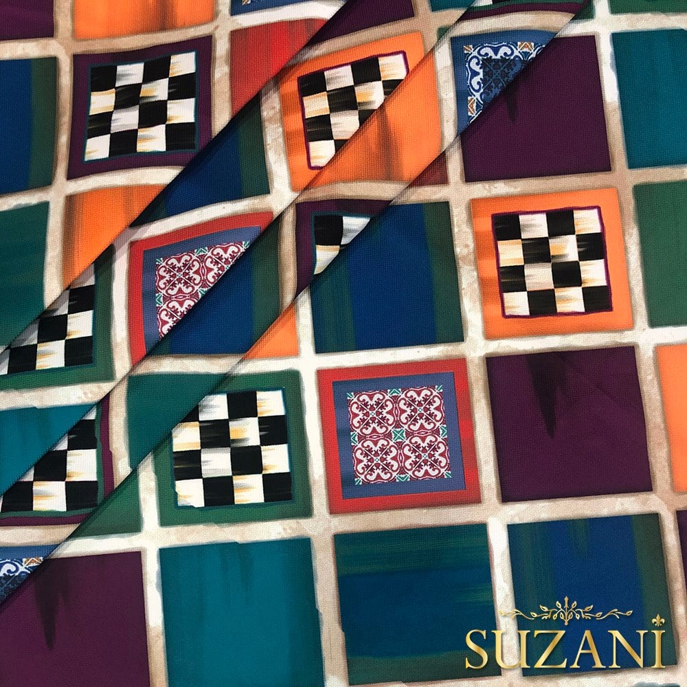 Renkli Yağlıboya Kareler Desenli Kumaş