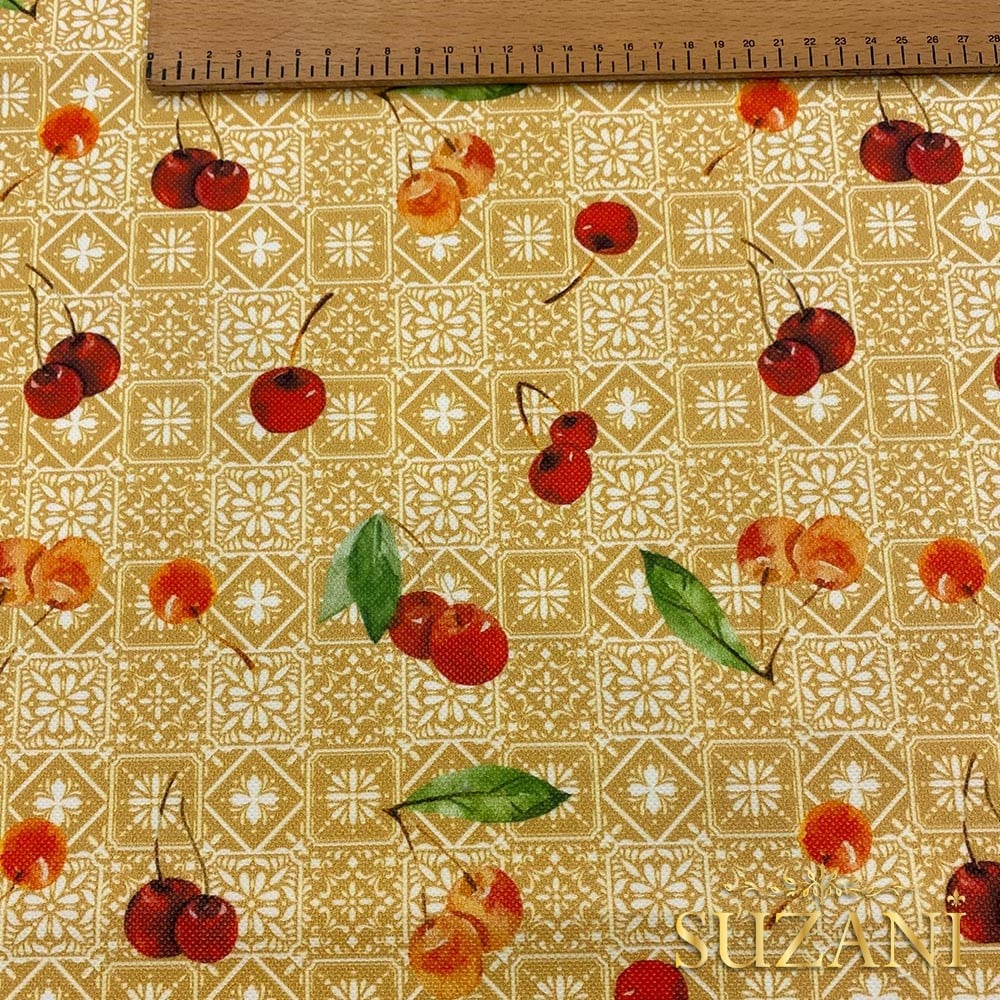 Retro Kiraz Desenli Dijital Baskılı Kumaş