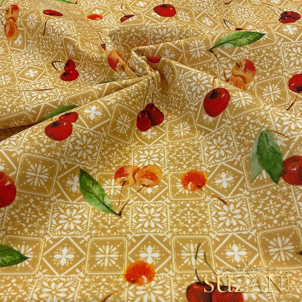 Retro Kiraz Desenli Dijital Baskılı Kumaş