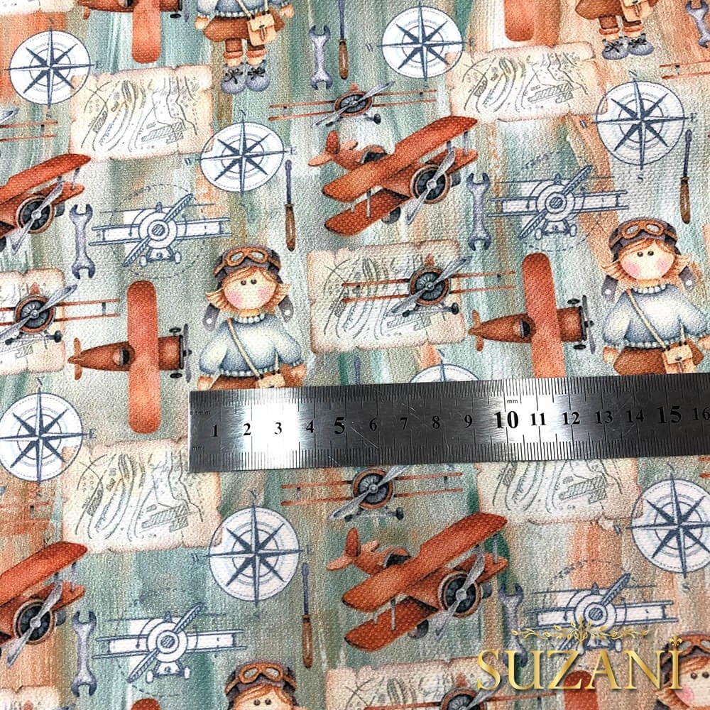Retro Uçak Desenli Dijital Baskılı Kumaş