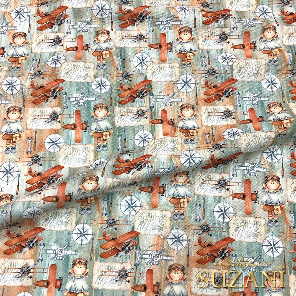 Retro Uçak Desenli Dijital Baskılı Kumaş