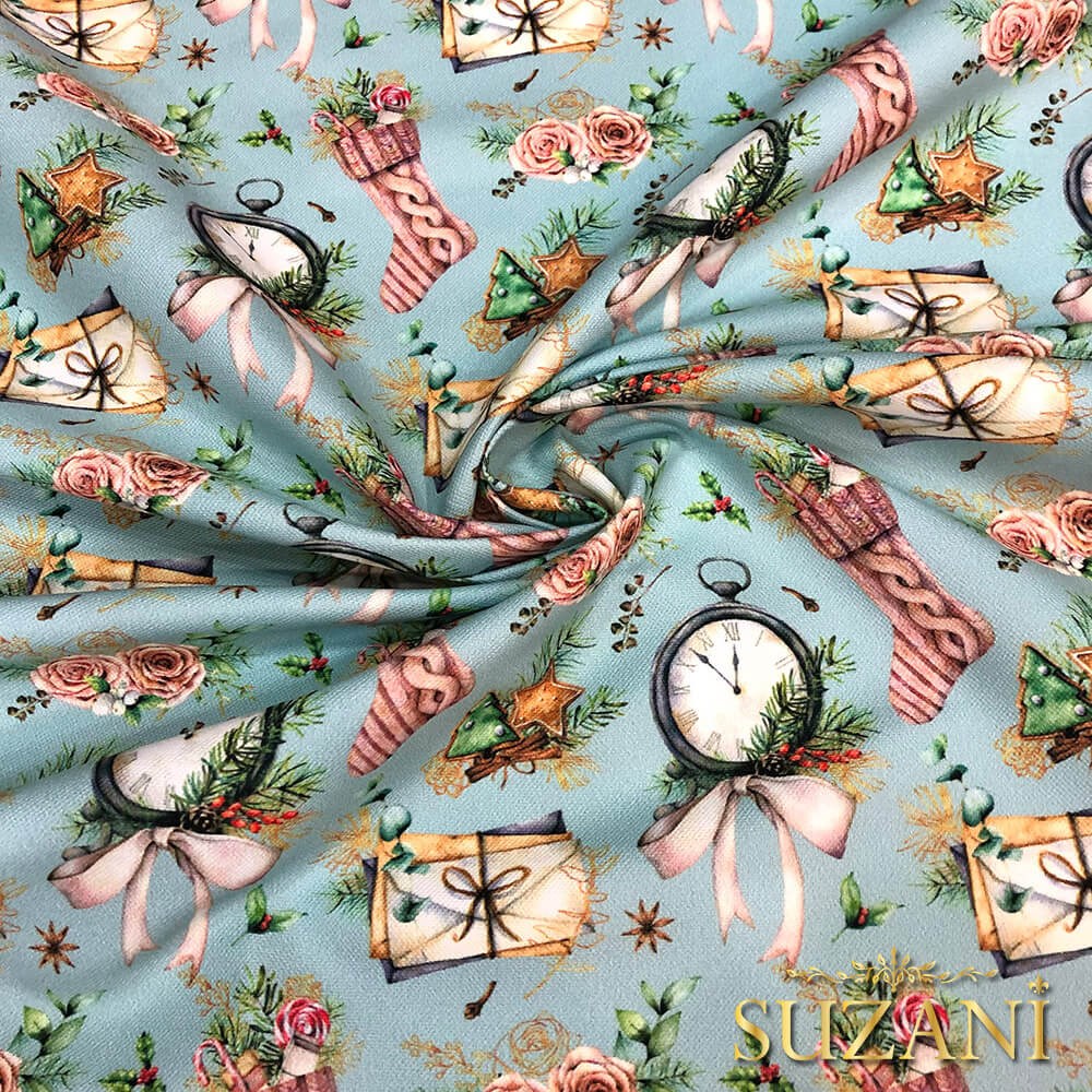 Saat Desenli Dijital Baskılı Kumaş