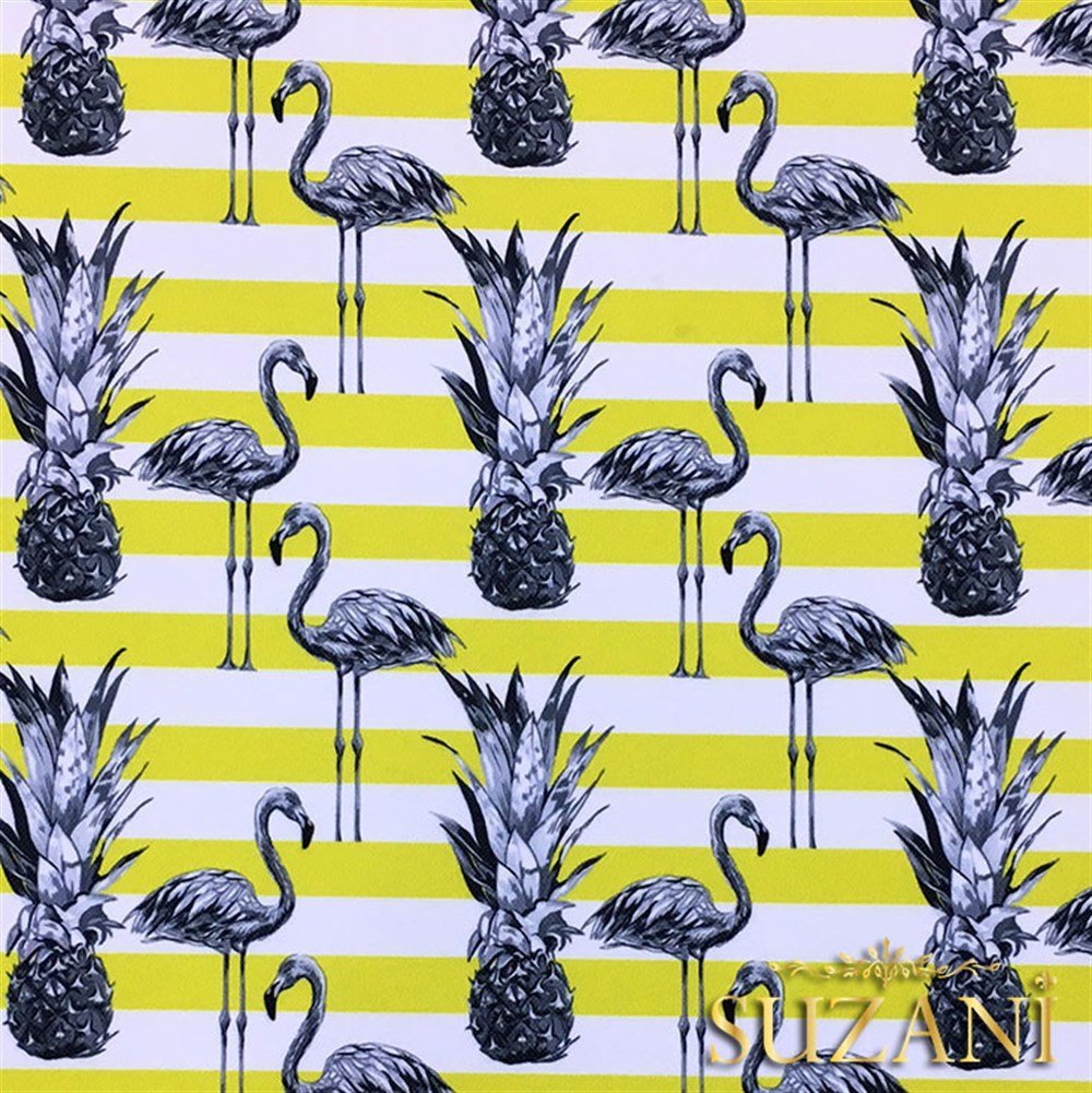 Sarı Çizgiler Üzeri Flamingo Tropikal Kumaş
