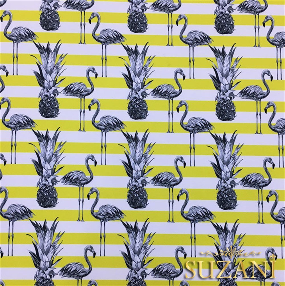 Sarı Çizgiler Üzeri Flamingo Tropikal Kumaş