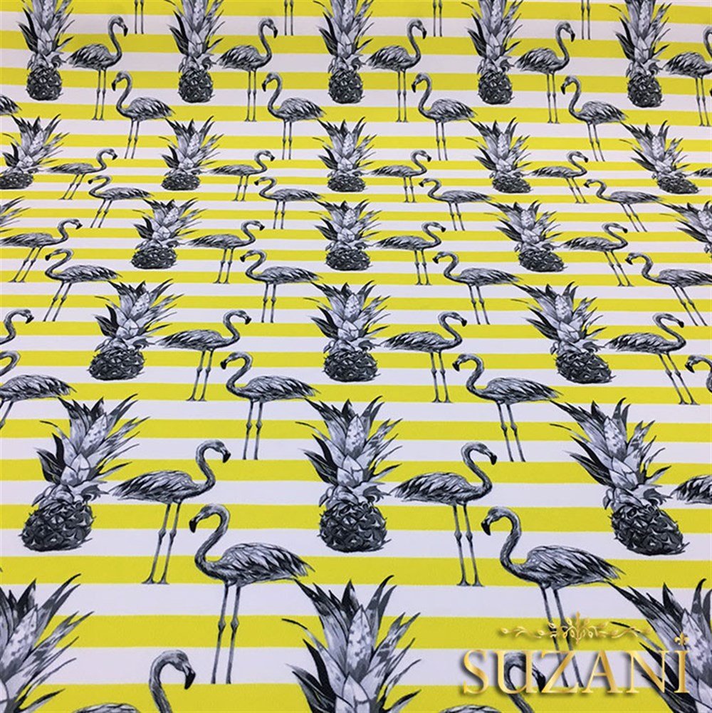 Sarı Çizgiler Üzeri Flamingo Tropikal Kumaş