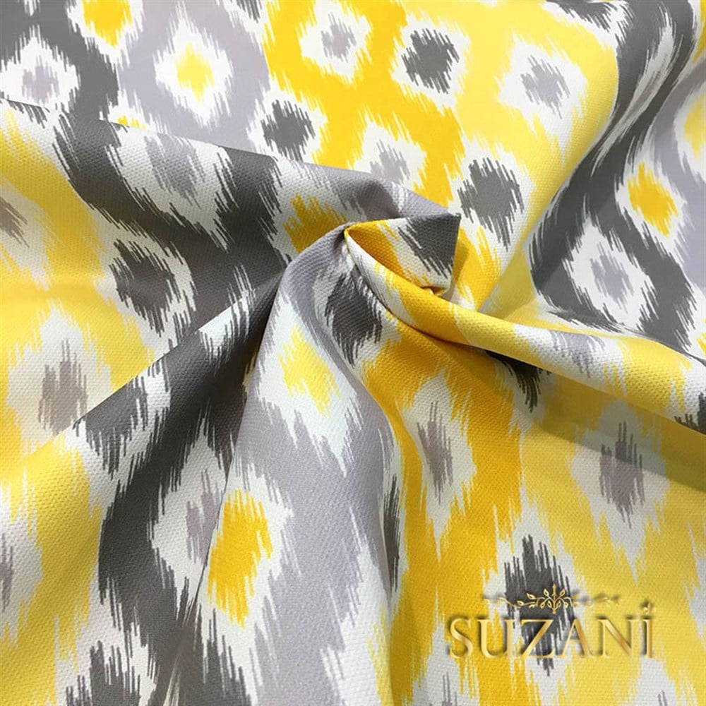 Sarı Gri Baklava İkat Desenli Kumaş