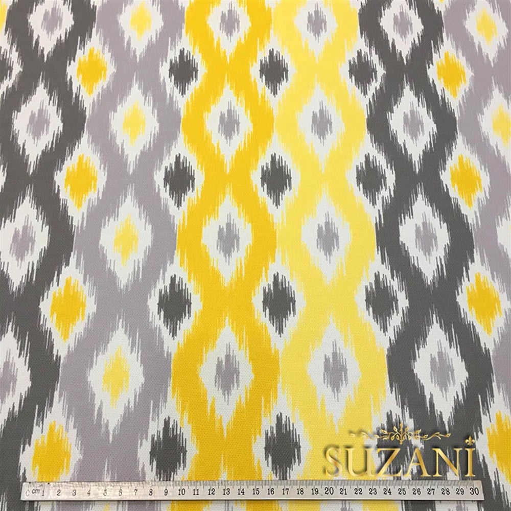 Sarı Gri Baklava İkat Desenli Kumaş