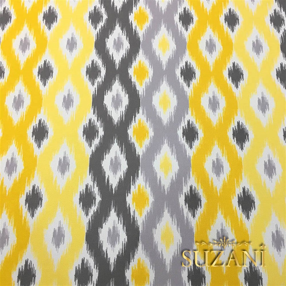 Sarı Gri Baklava İkat Desenli Kumaş