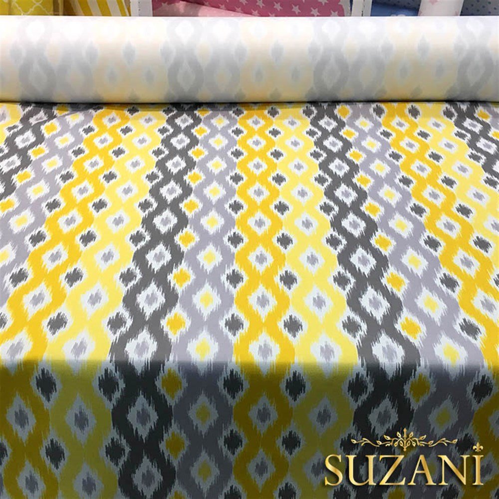 Sarı Gri Baklava İkat Desenli Kumaş