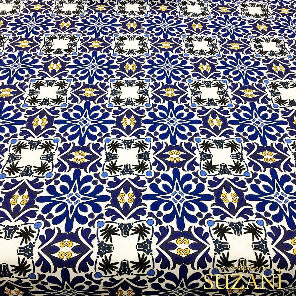 Sarı Lacivert Çini Desenli Kumaş