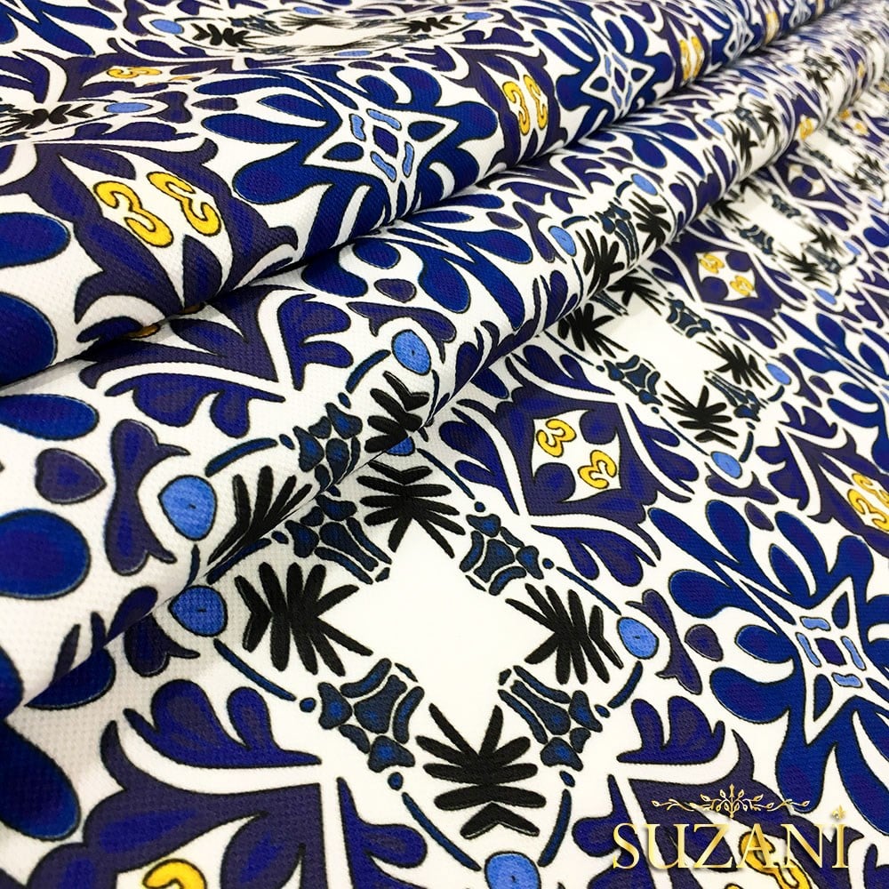 Sarı Lacivert Çini Desenli Kumaş