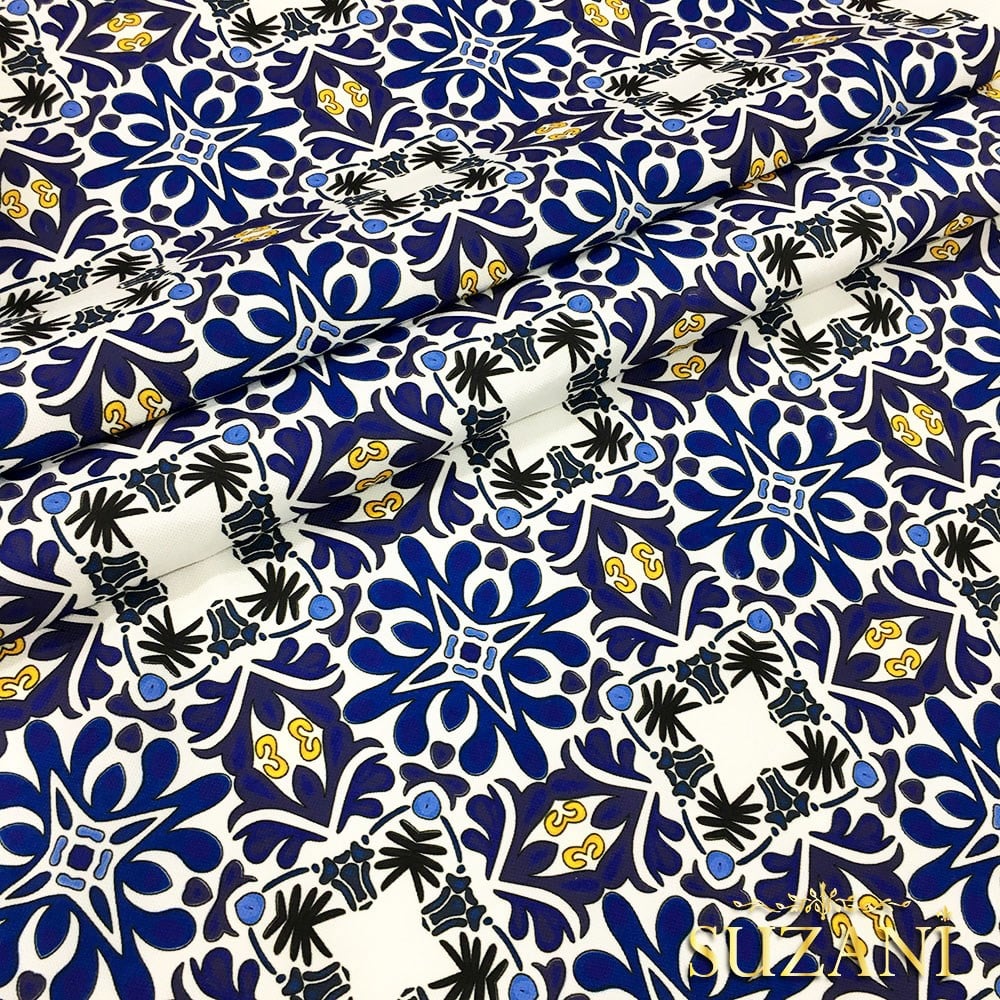 Sarı Lacivert Çini Desenli Kumaş