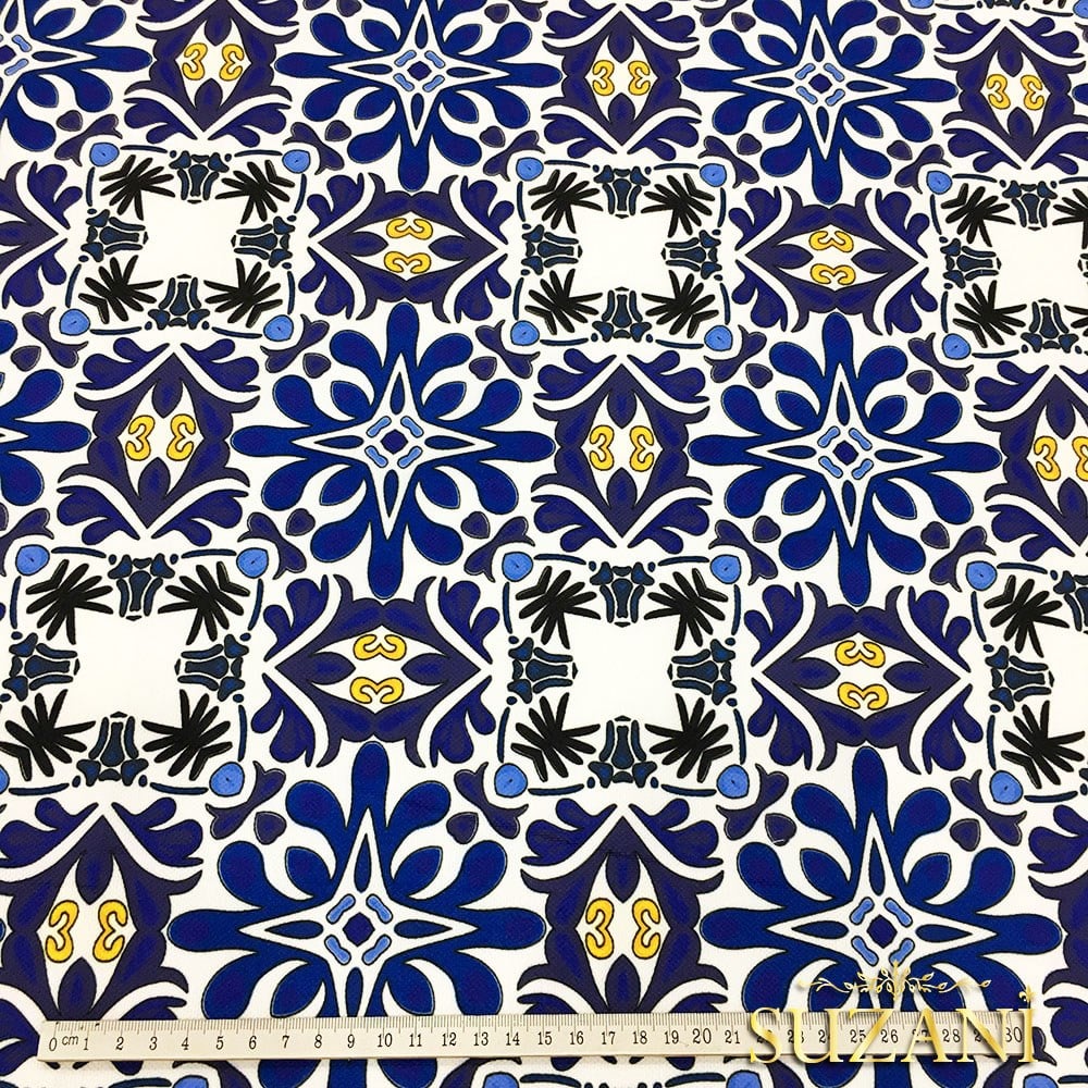 Sarı Lacivert Çini Desenli Kumaş