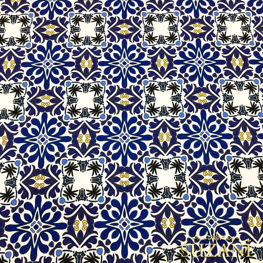 Sarı Lacivert Çini Desenli Kumaş