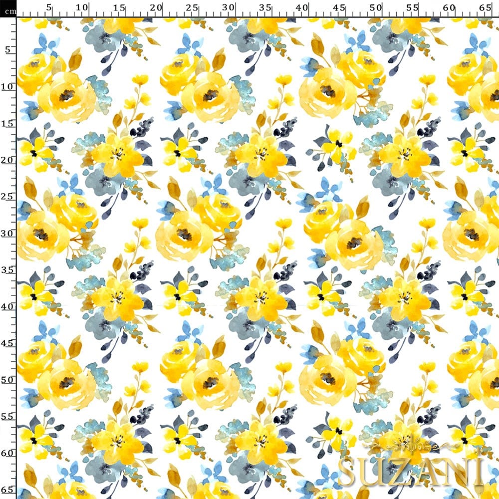 Sarı Suluboya Çiçek Desenli Dijital Baskılı Kumaş