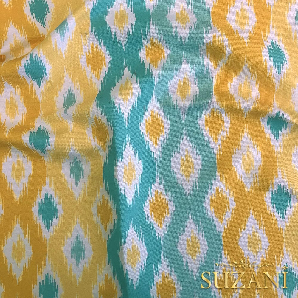 Sarı Turkuaz İkat Desenli Dijital Baskılı Kumaş