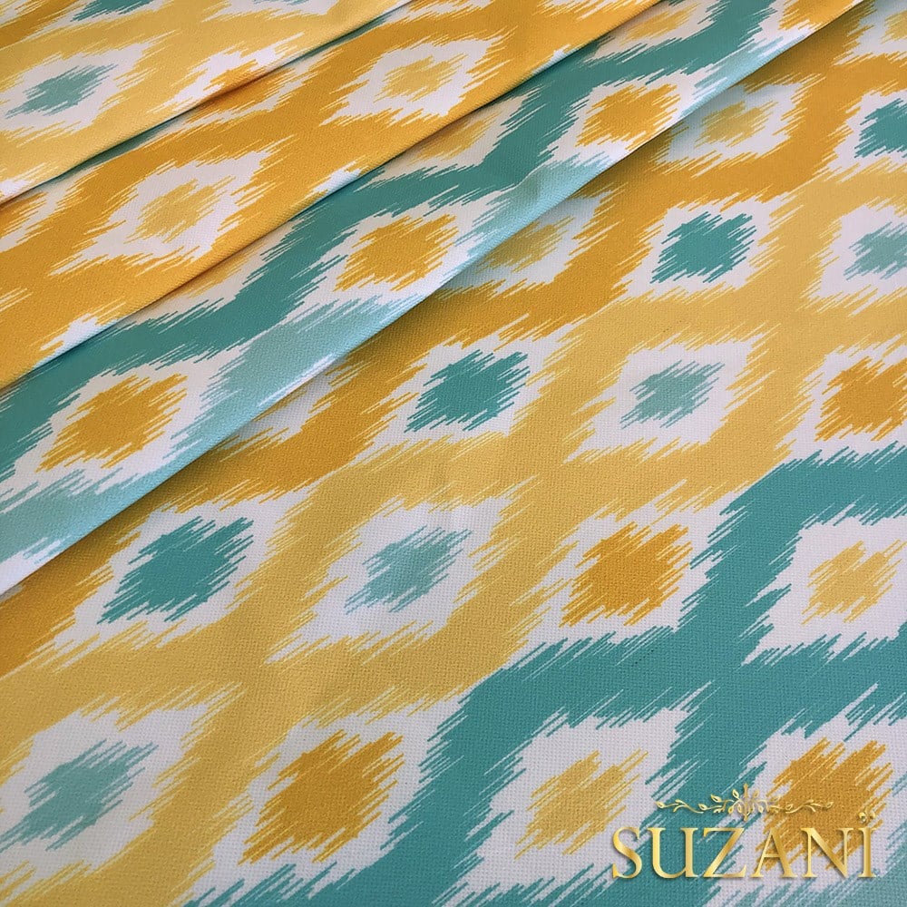 Sarı Turkuaz İkat Desenli Dijital Baskılı Kumaş