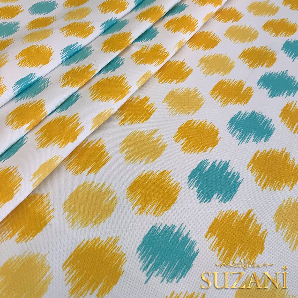 Sarı Turkuaz İkat Dijital Baskılı Kumaş
