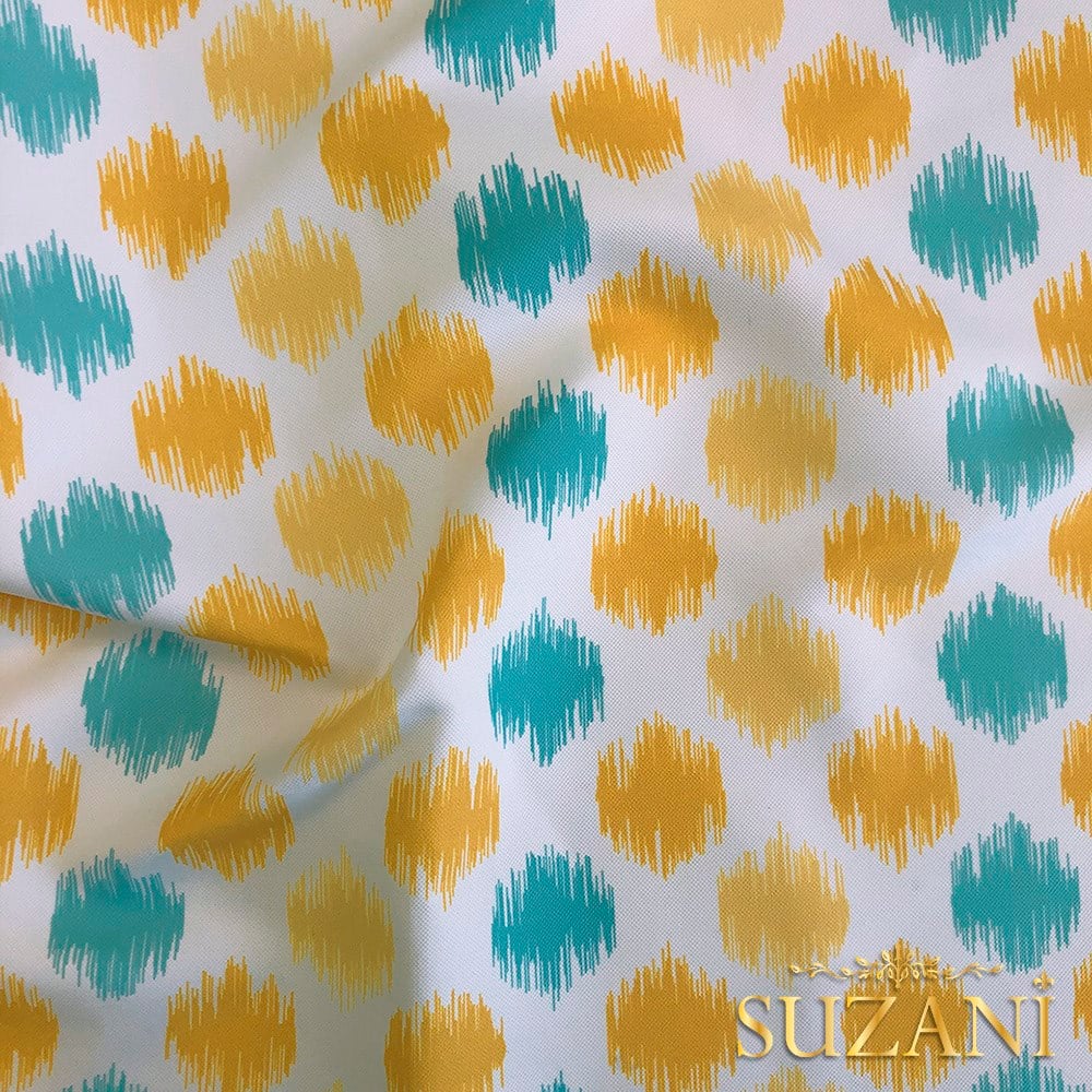 Sarı Turkuaz İkat Dijital Baskılı Kumaş