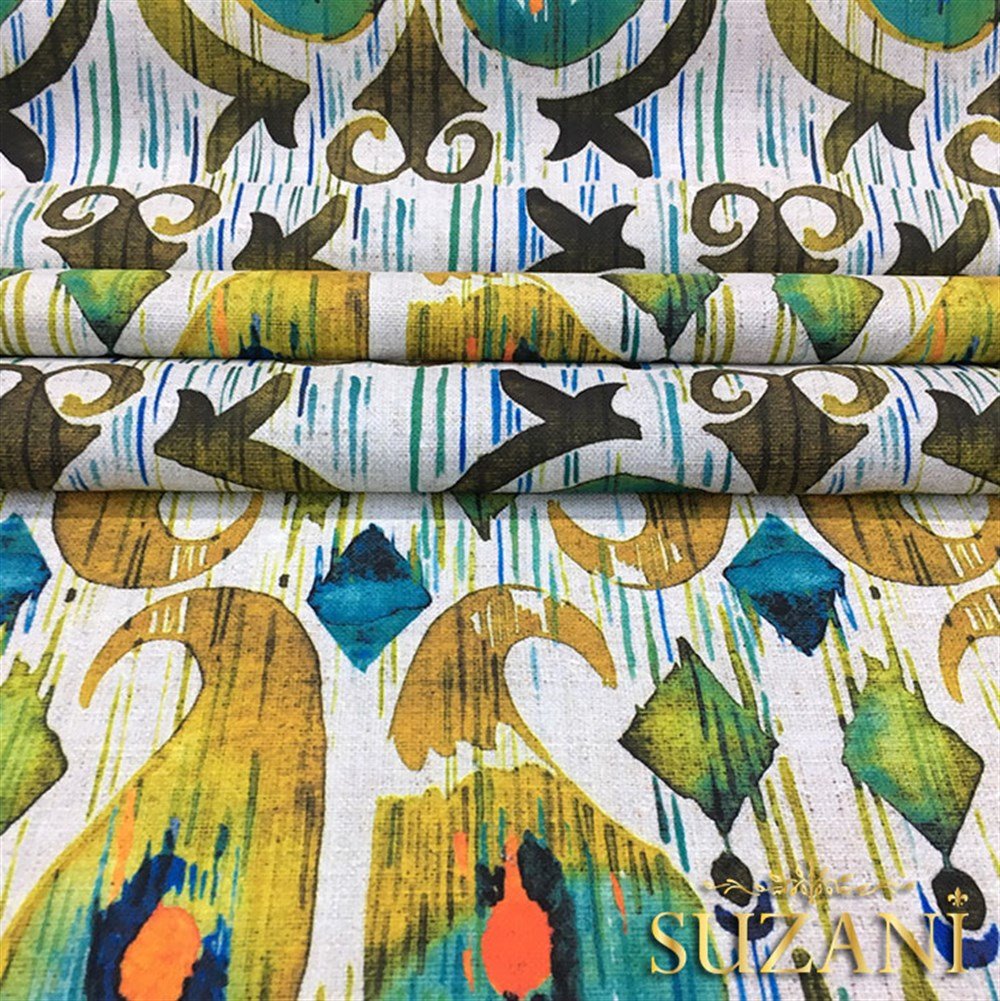 Sarı Yeşil İkat Desenli Kumaş