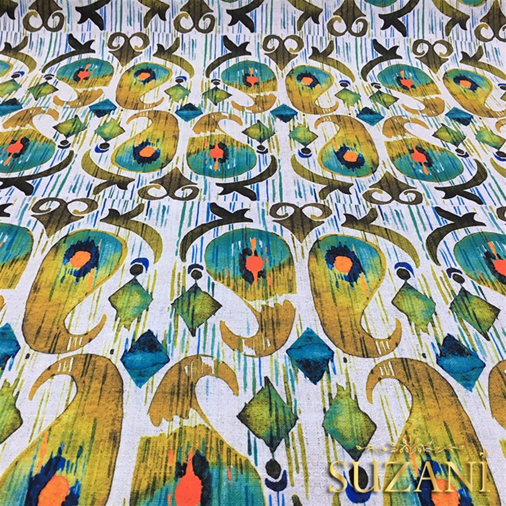 Sarı Yeşil İkat Desenli Kumaş